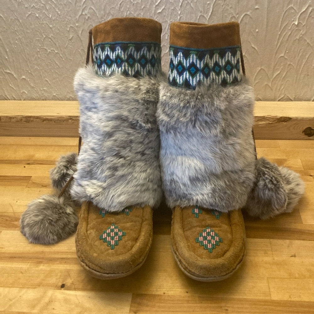 Leather moccasin boots with beads, fur, and fabric